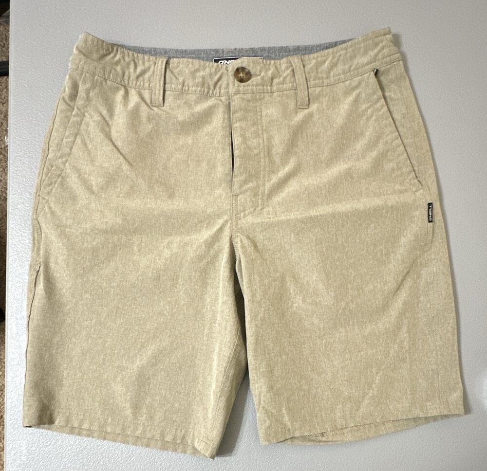 O'Neill Men's Hybrid Hyperdry Shorts Beige Solid Flat Front Button Slash Pockets